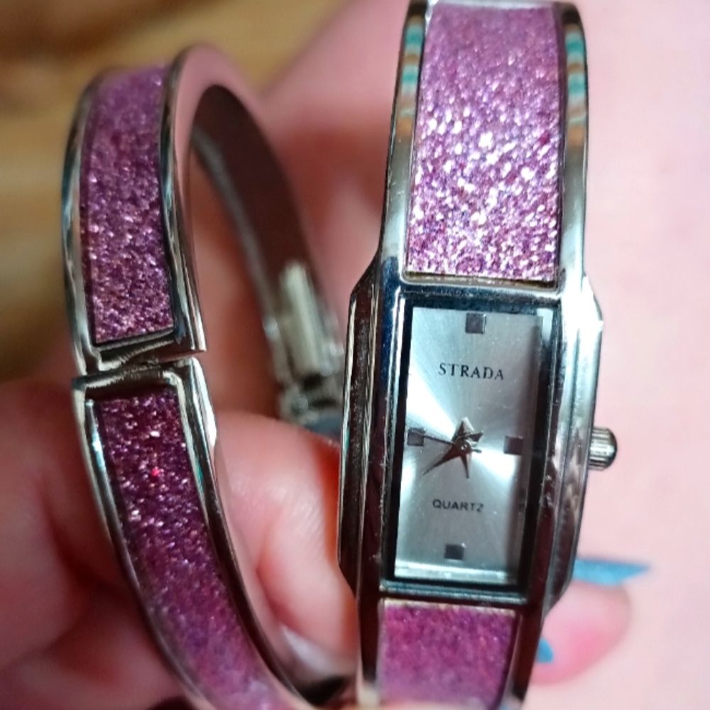 Strada Pink Glitter Quartz Watch Bracelet Set